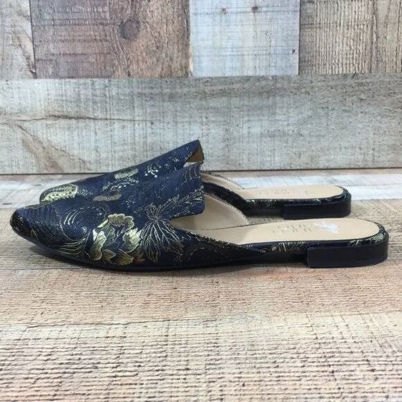 Franco Sarto Black Gold Baroque Russo Mules Womens 6M‎ Pointed Toe Flats Slides - Picture 6 of 12